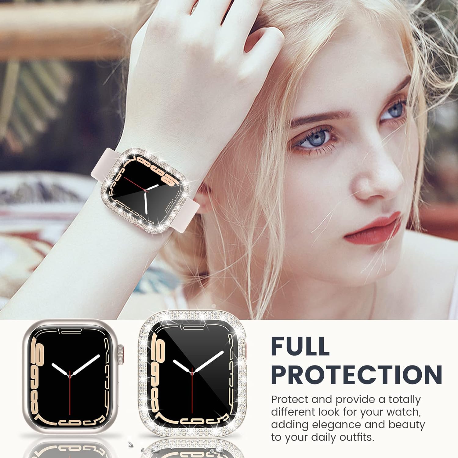 Tensea [2 in 1] for Waterproof Apple Watch Screen Protector Series 8 7 41mm Accessories, iWatch Hard Diamond Bumper Case Built-in Tempered Glass Film, Front & Back Bumper, Bling Face Cover Women - Image 6